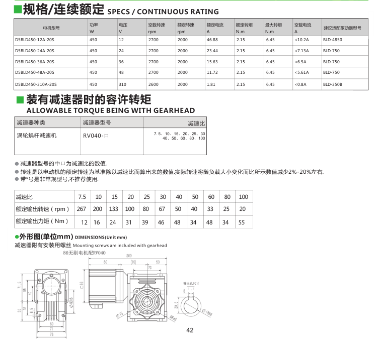 450W無刷電機規(guī)格